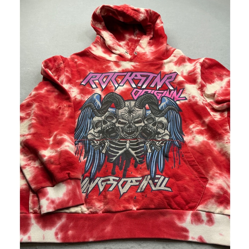 Rockstar Original Hoodie Wings of Hell Skulls Tie Dye Red White XL Streetwear